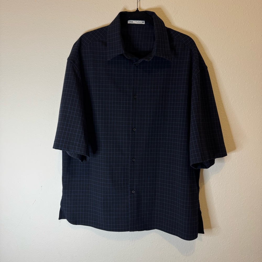Zara Mens Size XL Navy Textured Short Sleeve Button-Up Shirt